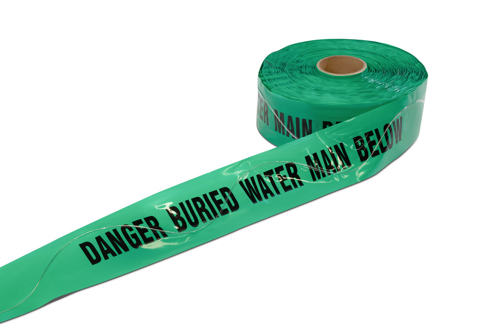 100mm x 250m Roll of Green Detectable Marker Tape for Irrigation Applications (Printed Message: Water Main Below)