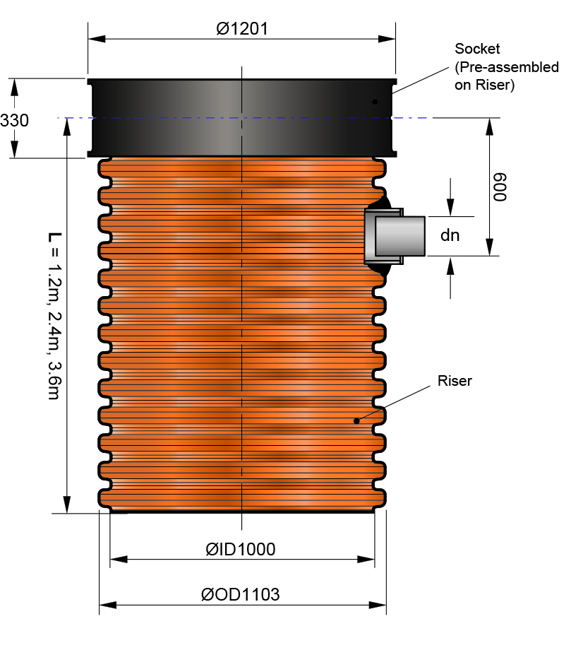 EZIpit®1000 x 1.2m Riser Coupling with dn225 (250 OD) PP Spigot off take M&F (Internal drop)