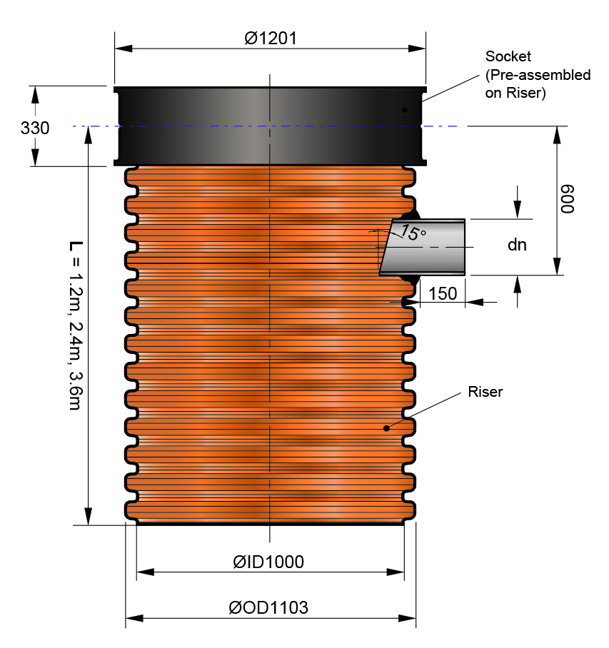 EZIpit®1000 x 3.6m Riser Coupling with dn225 (250 OD) PP Spigot off take M&F (External drop)